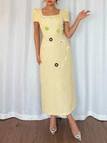Chiquease Elegant Square Collar 3D Floral Knitted Dress - Yellow - View 6