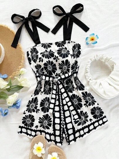 Soleia Casual, Holiday, Western Beach Wedding Guest, Graduation Brunch Wear, Women's St. Patrick's Day, Spring Break, Easter, Music Festival, Elegant Boho Tropical Blue & White Floral Bowknot Strap Jumpsuit, Spring/Summer Floral Playsuit