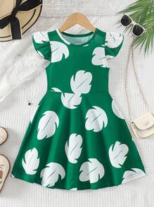 Vestido de cintura alta con estampado floral todo sobre todo, volantes en las mangas para el estilo de vacaciones de verano - Verde - Ver 3