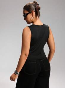 LYSMO Plus Size Women Sleeveless Solid Color Zipper Front Hollow Out Sexy Bodycon Tank Tops, Spring/Summer