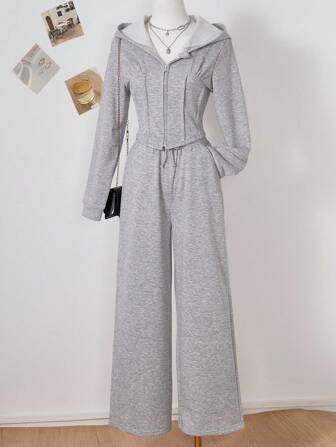 2 st/set tonårsflicka grå huvtröja och lösa byxor, avslappnad sportoutfit i collegestil