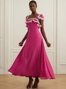 GENKIRA Women's Pink Elegant Lace Tea Party Summer Fuchsia Floral Lace Trim Bohemian Style Fitted Sleeveless Dress,Sundress,Country Music Festival Beach - Hot Pink - View 1