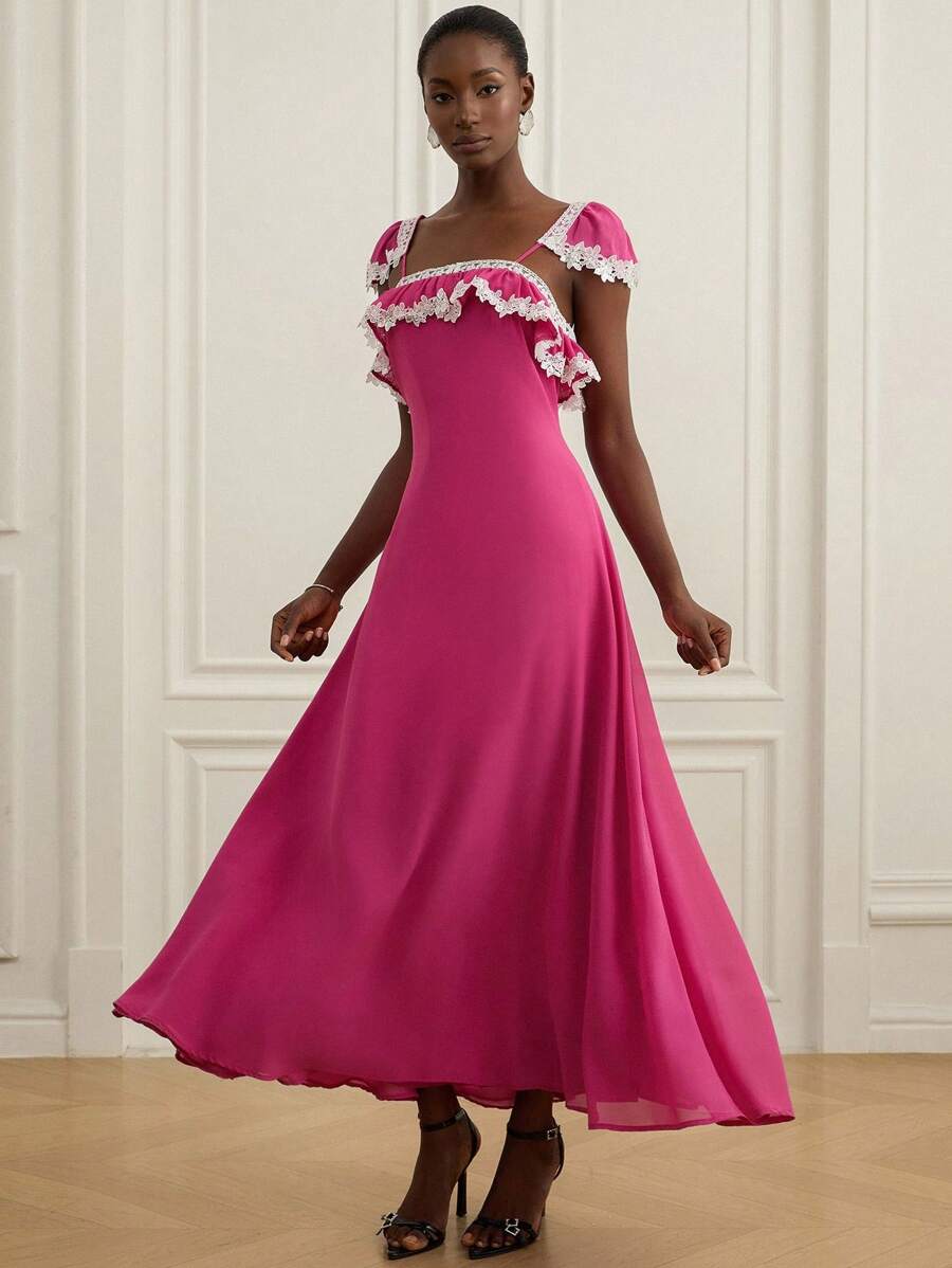 GENKIRA Women's Pink Elegant Lace Tea Party Summer Fuchsia Floral Lace Trim Bohemian Style Fitted Sleeveless Dress,Sundress,Country Music Festival Beach - Hot Pink - View 1