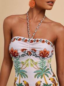 Travachic Women's Backless Tropical Print Halter One Piece Swimsuit For Beach & Resort - Beige - View 4