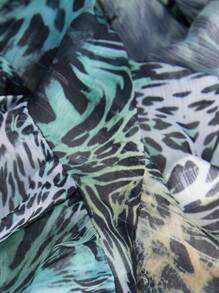 Aveloria Modichic Tropical Fantasty Green Leopard Ruffle Trim Asymmetric Spaghetti Strap V-Neck Sleeveless Blouse, Multi-Layer Drape Ruffle, Music Festival Party Fierce Sexy Cami Tops For Ladies