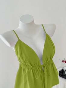 Elamini Women's Deep V-Neck Camisole With Tie At Waist And Ruffle Hem - Green - View 3