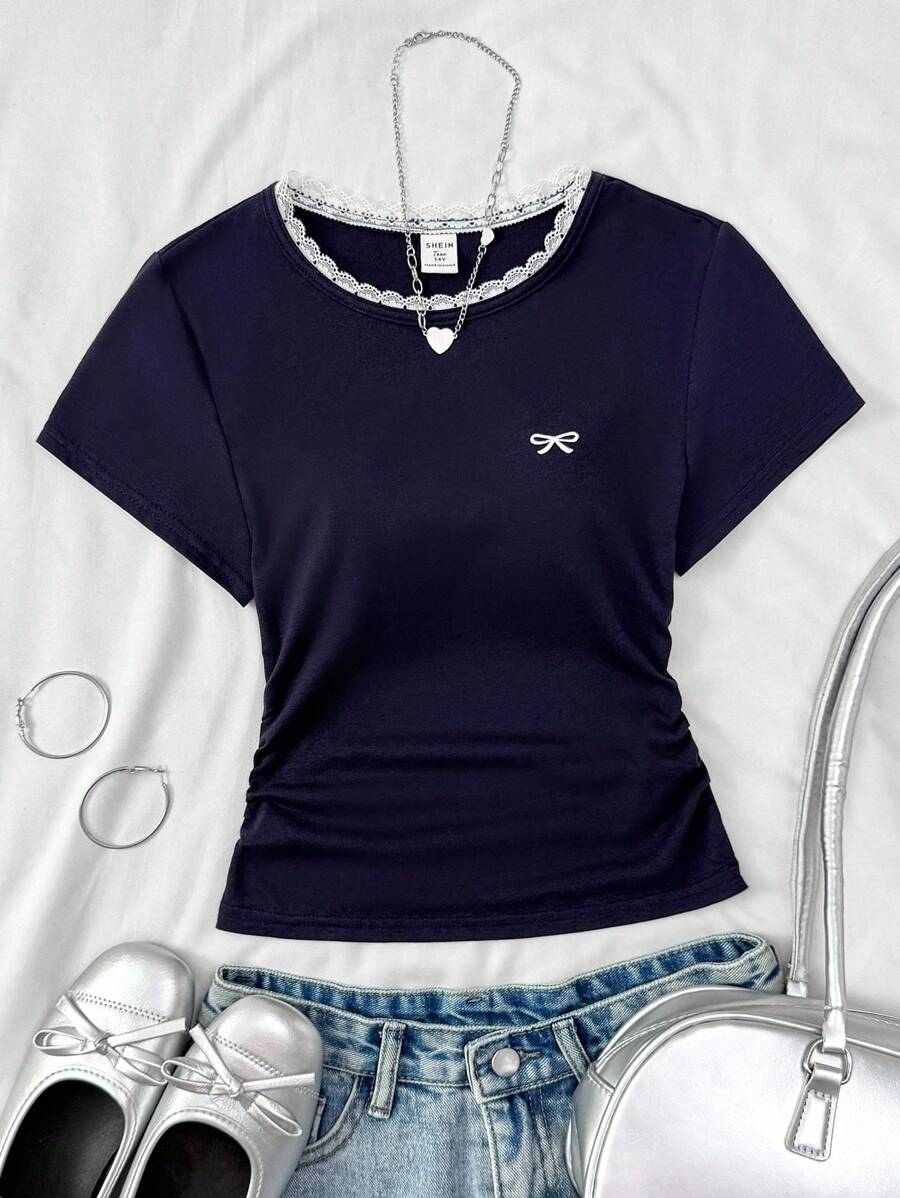 Teen Girl Knitted Round Neck Bow Contrast Color Embroidered Side Waist Gathered Design Short-Sleeved T-Shirt, Summer - Navy Blue - View 1