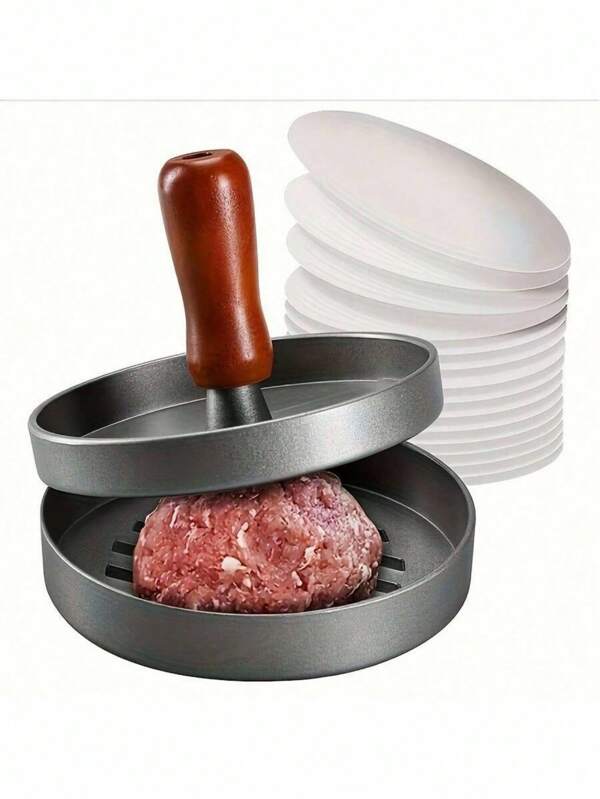 SHEIN 1 set Molde para hamburguesas y albóndigas de acero inoxidable con mango de madera, antiadherente - incluye 100 unidades de papel para albóndigas