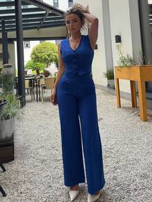 Jeta Ari Bộ vest màu trơn thanh lịch và quần ống rộng - Xanh đậm - Xem 6