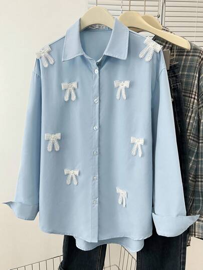 SHEIN 少女淡蓝色甜美可爱珍珠蝴蝶结装饰衬衫，休闲宽松纽扣衬衫，重返校园风格