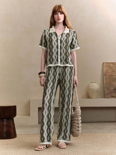 Arave Women's Color-Block Knit Rhombus Jacquard Pants And Button Down Cardigan 2pcs Set,Vacation Outfits Women,Lounge Sets For Women,Hawaii Outfits Women,Crochet Set,Old Money Women,Tulum,Vacation Two Piece Set Knitted Sweater Casual Outfits Spring