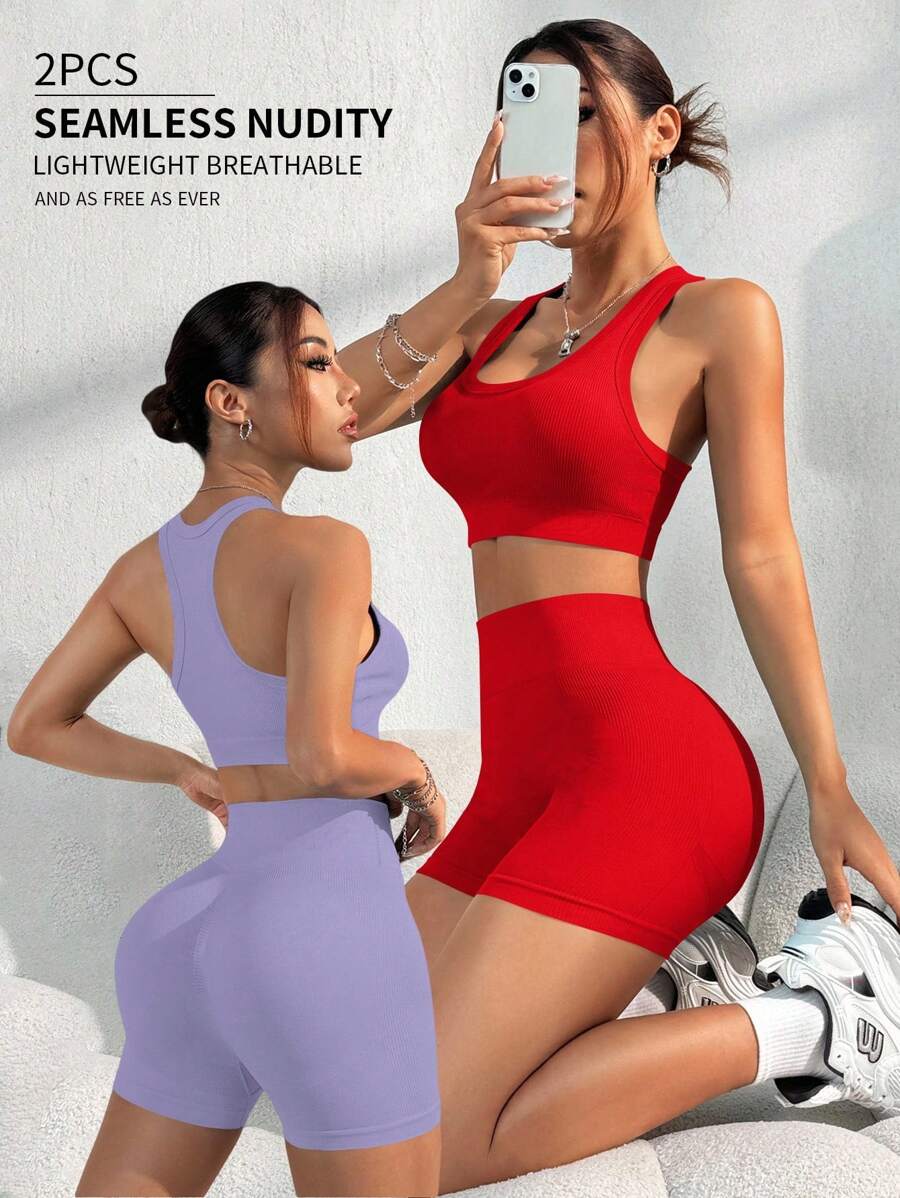 Velisys 2 piezas Conjunto casual de mujer de unicolor con top sin mangas y shorts, conjunto de gimnasio, ropa de entrenamiento para mujer, top de entrenamiento para mujer, ropa deportiva para mujer, conjuntos deportivos para mujer, conjunto de entrenamiento sin costuras, conjunto de entrenamiento acanalado, shorts de entrenamiento de cintura alta, conjuntos de entrenamiento de cintura alta, conjunto de entrenamiento de 2 piezas, conjuntos de entrenamiento de 2 piezas para mujer - Multicolor - Ver 1