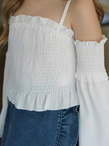 SHEIN Tween Girl Frill Trim Shirred Cold Shoulder Blouse - White - View 7