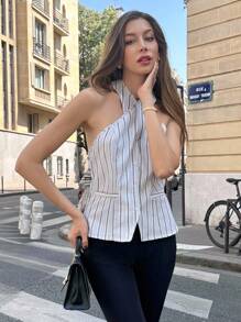 Pariaura Women's Black And White Stripe French Halter Cross Backless Camisole For Summer Vacation