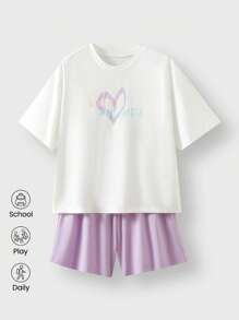 JNSQ Ensemble de tenue pour préadolescentes pour la rentrée scolaire, t-shirt à manches courtes à col rond ample avec imprimé graphique de lettres amusantes et short assorti. Convient pour le port quotidien en automne/hiver, les activités extérieures, les vacances, le streetwear, les fêtes et les loisirs. - Blanc - Voir 1
