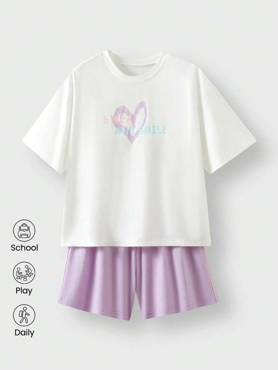 JNSQ Ensemble de tenue pour préadolescentes pour la rentrée scolaire, t-shirt à manches courtes à col rond ample avec imprimé graphique de lettres amusantes et short assorti. Convient pour le port quotidien en automne/hiver, les activités extérieures, les vacances, le streetwear, les fêtes et les loisirs. - Blanc - Voir 1
