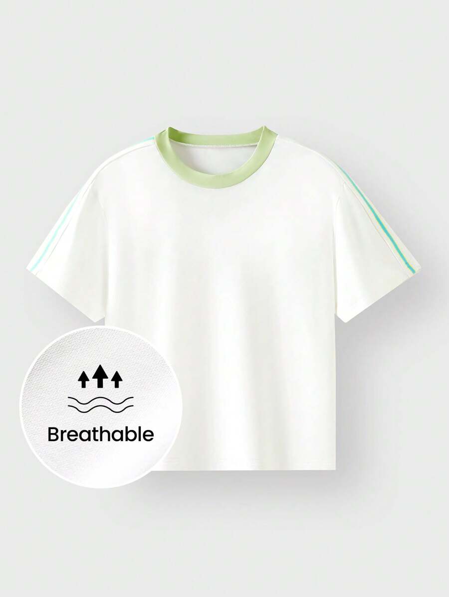 JNSQ Roupas Esportivas para Meninas Pré-Adolescentes de Volta às Aulas, Camiseta Esportiva para Meninas para Atividades ao Ar Livre no Outono, Camiseta Esportiva Infantil com Gola Redonda, Bloco de Cores, Tricô Liso de Quatro Agulhas e Seis Fios, Parte Superior para Esportes ao Ar Livre - Branco - Visão 1