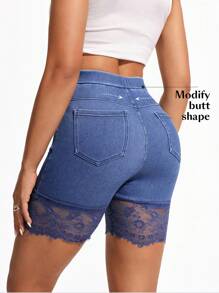 SHEIN ICON Blue High Waist Fitted Sexy Lace Trim Women's Denim Shorts, Spring/Summer - Blue - View 2