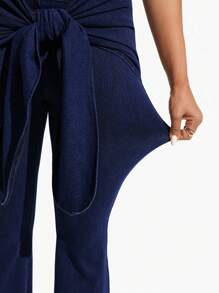 SHEIN Essnce Women's Slim Fit Elastic High Waist Flared 2 In 1 All Season Denim Pants - Blue - View 7