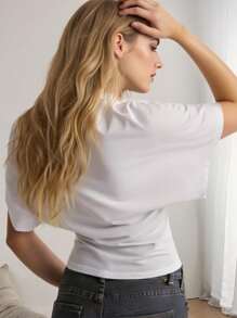 大码女式蝙蝠袖短款圆领白色T恤，休闲 - 白色 - 查看 4