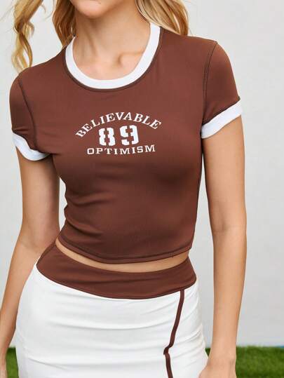SHEIN Sports 女式休闲字母图案 Polo 衫，撞色饰边，短袖，夏季