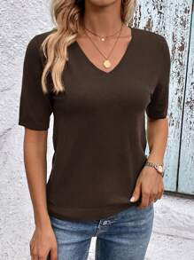 SHEIN Clasi 女士夏季休闲纯色V领短袖针织毛衣，百搭 - 咖啡棕 - 查看 5