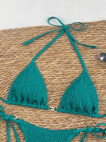 SHEIN 2pcs/Set Women Solid Color Lace-Up Sides Bowknot High Leg Bikini Swimsuit For Beach Vacation For Summer - Teal Blue - View 5