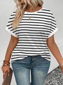 INAWLY Women's Plus Size Round Neck Short Sleeve Striped Print Casual Versatile T-Shirt, Spring/Summer - White - View 4