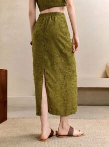 EMERY ROSE Women's Texture Fabric Pickle Green Straight Jacquard Design Back Slit Hem Midi Skirt,Summer,Vacation Boho,European Skirt Fall Cloth For Women - Green - View 4