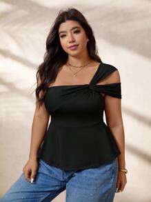 Calvaya Camiseta casual de mujer de talla grande con unicolor y cuello asimétrico