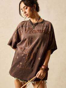 Easelle Women's Fashion Boho Round Neck Batwing Sleeve Coffee Brown Knit T-Shirts With Print For Summer Outfits Western Nomadic Graphic Tees