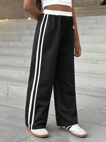 SHEIN 返校季少女撞色松紧腰抽绳数字印花宽松直筒休闲裤，百搭又时尚