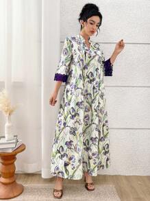 Yasmyna 浪漫花卉褶皱蕾丝边土耳其女士长裙和阿拉伯传统长袍 - 紫色 - 查看 5