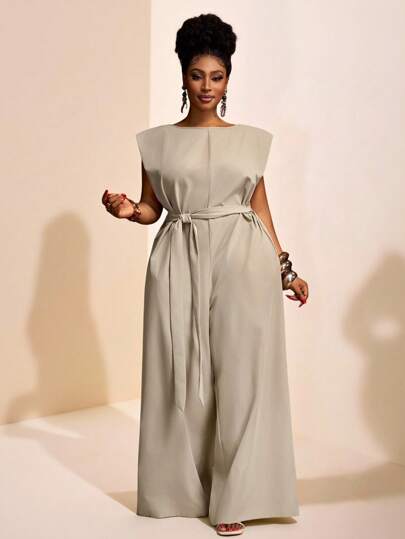Veslaya 2025 New  Solid Khaki Color Boat Neck Sleeveless Loose Wide Leg Jumpsuit, Casual/Party/Elegant/Simple Design, Summer