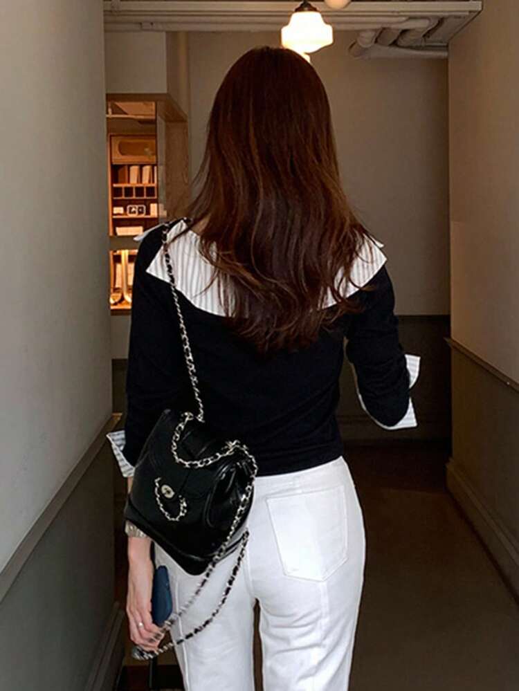 Fashionable & Elegant Splice Revere Collar Long Sleeve T-Shirt