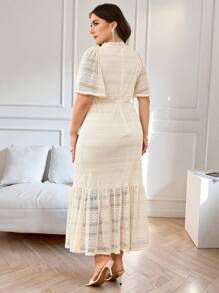 Modelyn Plus Size Summer Elegant Solid Color Lace Dress - Apricot - View 2
