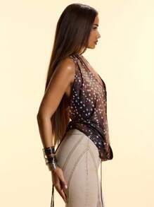 MUSERA Cowl Neck Plunge Front Animal Print Top Birthday Vacation Holiday Festival Sexy Club Aftershow Going Out Tops Club Party Fall Spring Summer - Brown - View 3