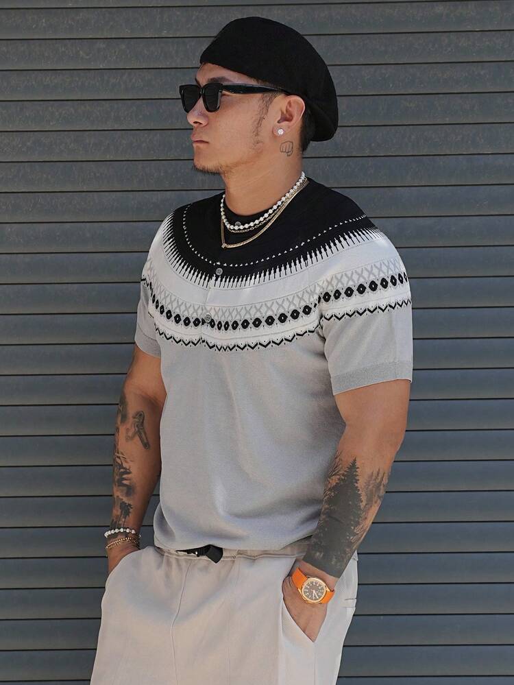 Men's Geometric Pattern Jacquard Knit Sweater For Spring/Summer