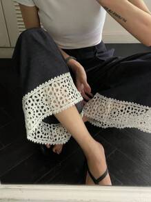 DAZY 女士蕾丝拼接宽松休闲阔腿裤 - 藏蓝色 - 查看 3