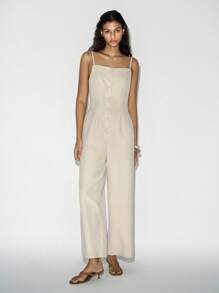 Lumivelle 女式休闲简约纽扣设计腰长吊带连体裤 - 杏色 - 查看 4
