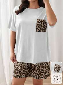 SHEIN Cottnline Conjunto de pijama de 2 piezas para mujer de talla grande con blusa de manga corta con bolsillo con estampado de leopardo y shorts con estampado de leopardo para usar en casa - Blanco - Ver 4