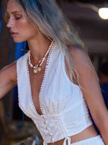 Aralina 夏季假期可爱纽扣上衣，蕾丝边和抽绳细节 - 白色 - 查看 8