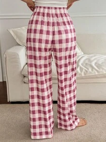 DAZY Minimalist Plaid Drawstring Waist Casual Lounge Pants, Fall & Winter Pajama, Cozy - Pink - View 2