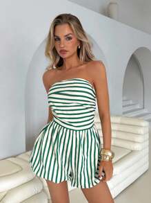 Women's Elegant Sleeveless Tube Top Vintage Style Stripe Jumpsuit With Lantern Pants, Green - Green - View 3