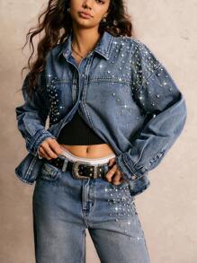 Easelle Western Sequin Women's Casual Washed Rhinestone Decor Top And Denim Jeans 2-Piece Set, Vintage, Fall Women Clothes Rave Concert Techno Outfits - Blue - View 13