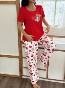 Cartoon Heart Bear Print Casual Short Sleeve & Long Pants Women Pajamas Set Teddy Bear Pajama Set Cute Pajama Set For Women Cute Pjs For Women Red Pajama Set Women Cartoon Pajamas Women - Red - View 6