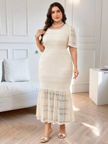 Modelyn Plus Size Summer Elegant Solid Color Lace Dress - Apricot - View 6