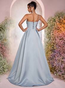 Glamrae Women's Elegant Gray-Blue Evening Dress,Luxurious Sequin Embroidery Rhinestone Decoration,Off-Shoulder Asymmetrical Neckline,Formal Banquet Gown - Gray Blue - View 4