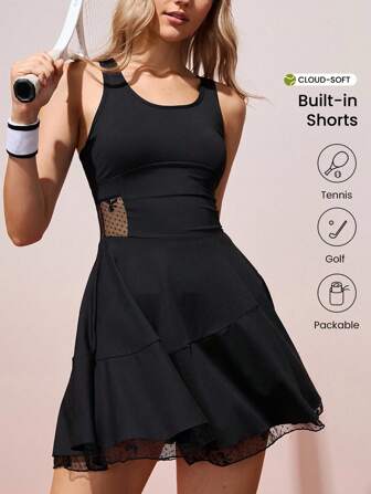 CourtClass Tennisträningsklänning i mesh med lappmönster och brottarrygg, set med sportig klänning och shorts för kvinnor, med telefonficka, svart tennisklänning, klänning med inbyggda shorts, sportklänning för kvinnor