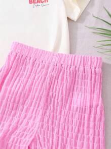 Set de 2 piezas para niñas preadolescentes: Camiseta corta estampada con la palabra "ALOHA" + Pantalones cortos de playa con contraste, conjunto informal y deportivo de corte holgado